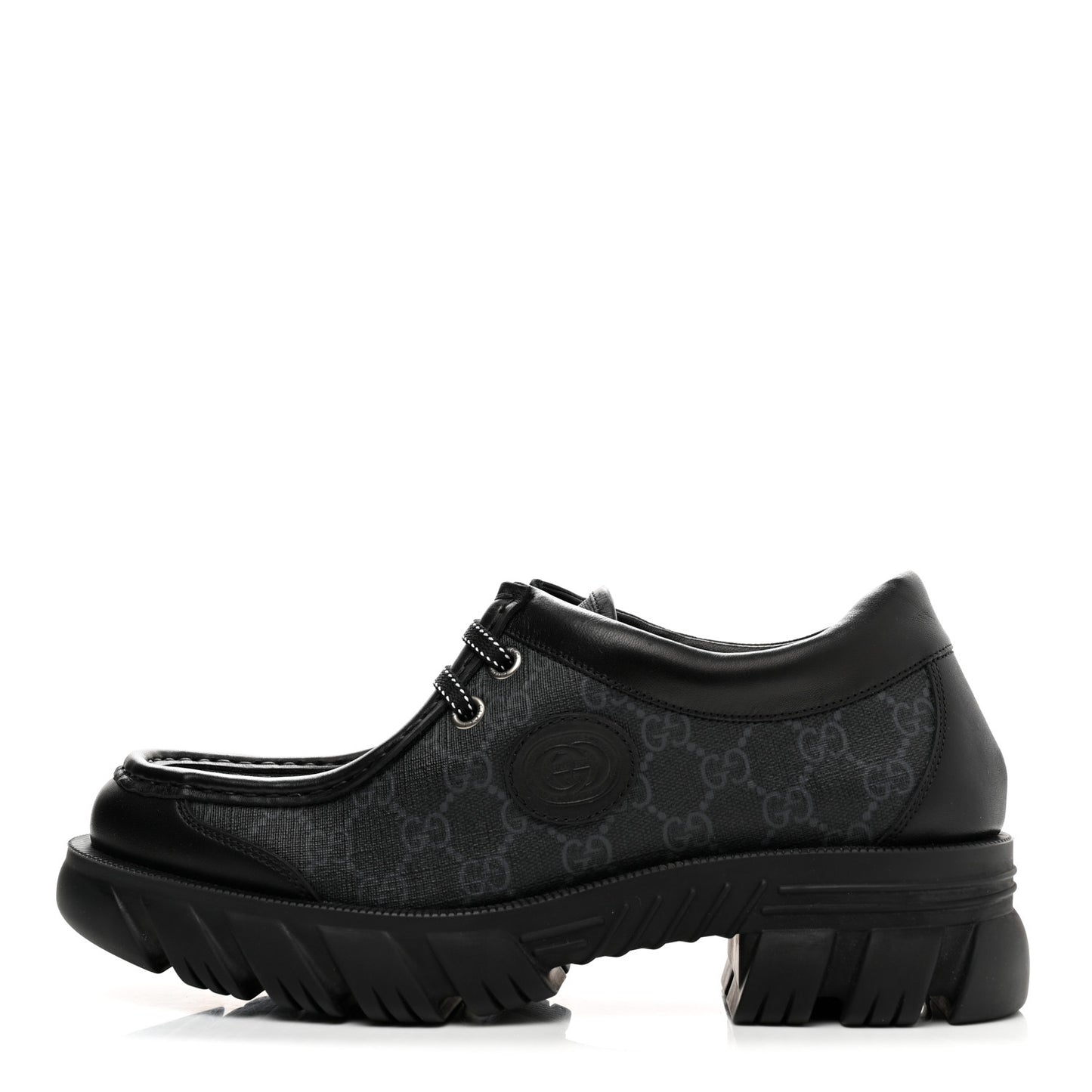 GG Supreme Monogram Quebec Calfskin Retro Interlocking G Mens Platform Derby Loafers 9 Black