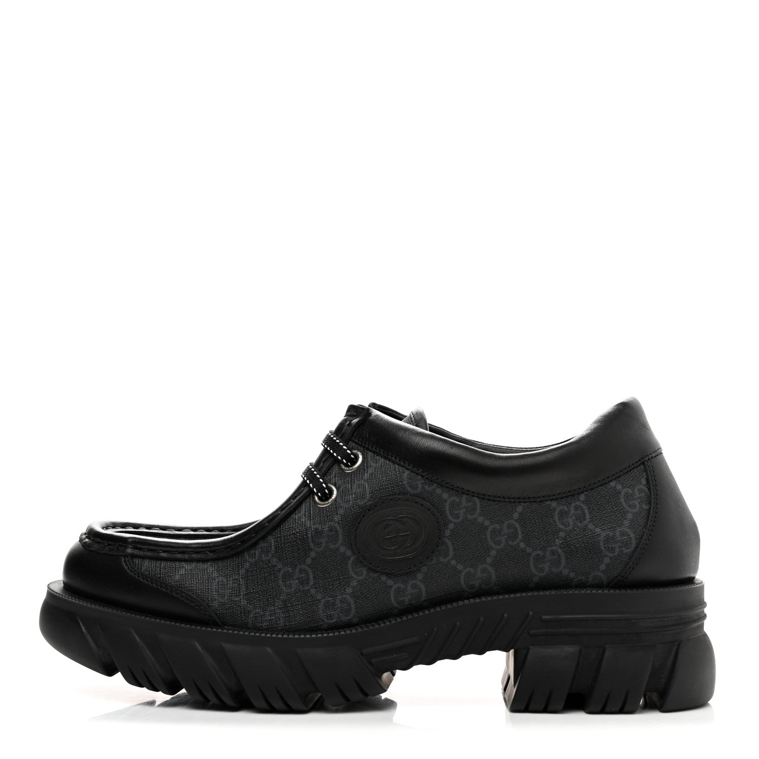 Gucci GG Supreme Monogram Quebec Calfskin Retro Interlocking G Mens Platform Derby Loafers 9 Black 1 of 9