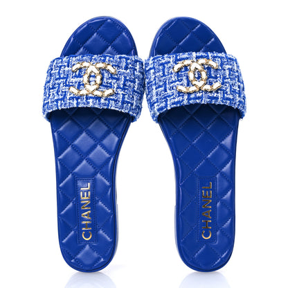 Chanel Tweed CC Chain Mule Sandal 38.5 Blue 2 of 12