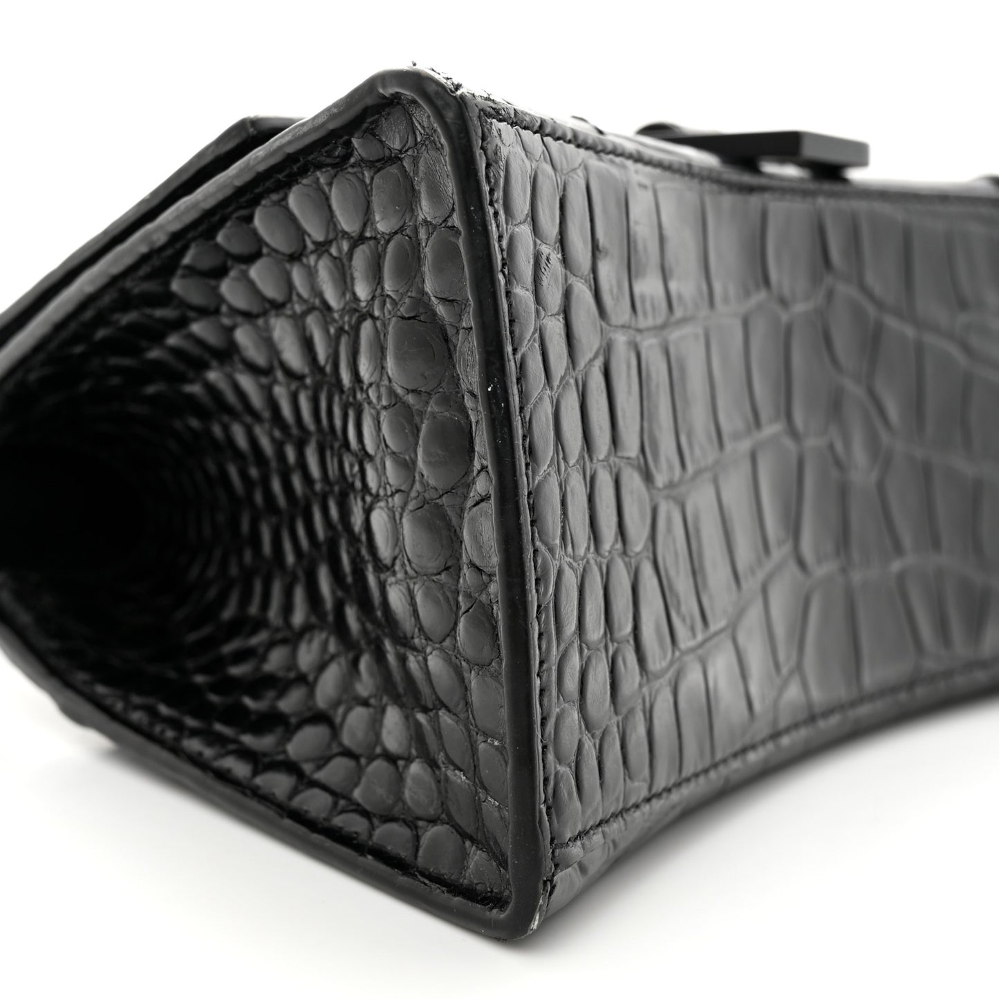 Shiny Calfskin Monochrome Crocodile Embossed Small Hourglass Top Handle Bag Black