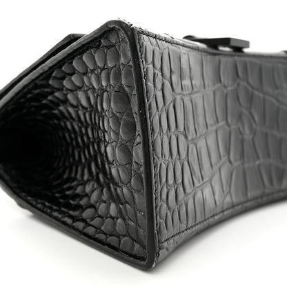 Balenciaga Shiny Calfskin Monochrome Crocodile Embossed Small Hourglass Top Handle Bag Black 7 of 16