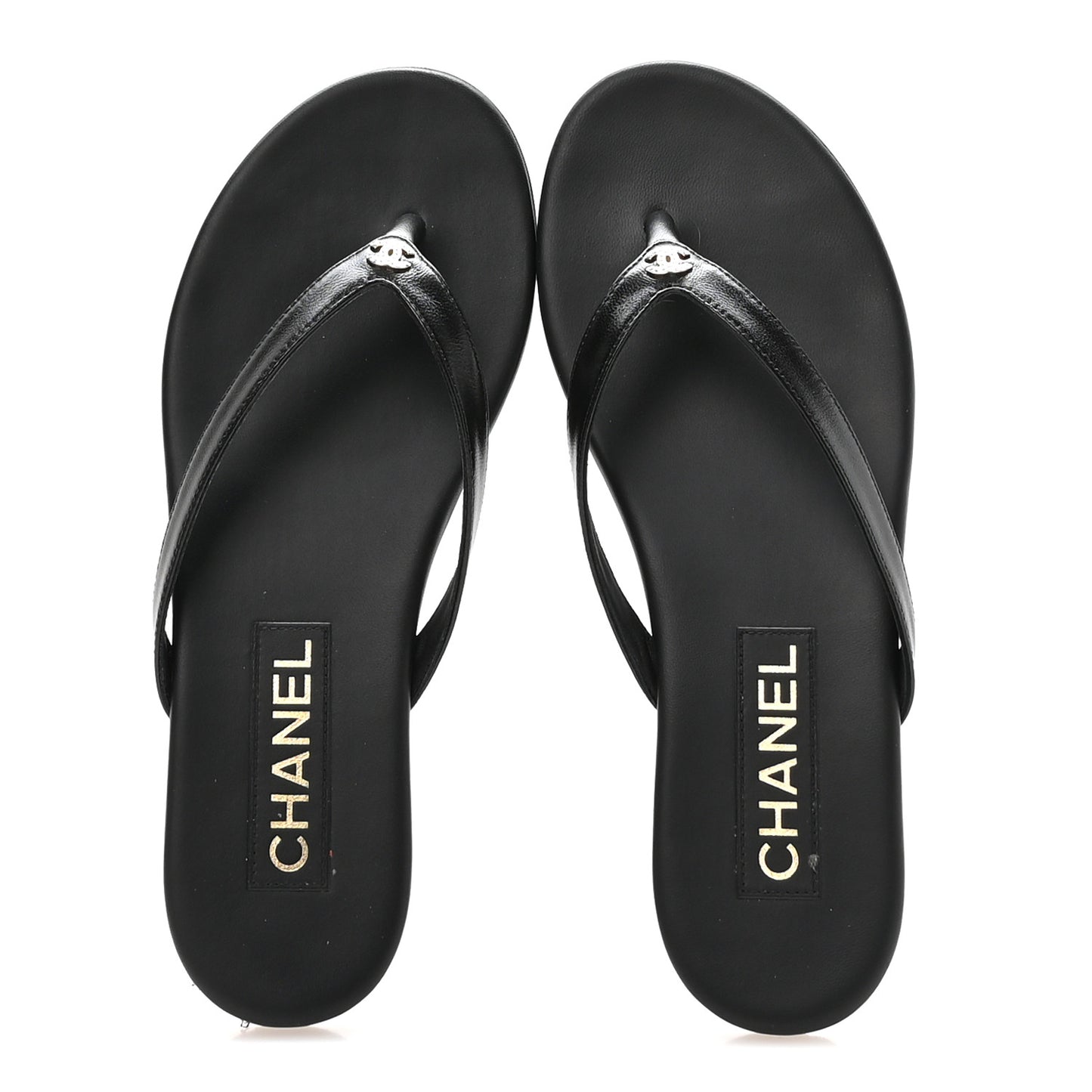 Shiny Lambskin Crystal CC Thong Sandals 37.5 Black