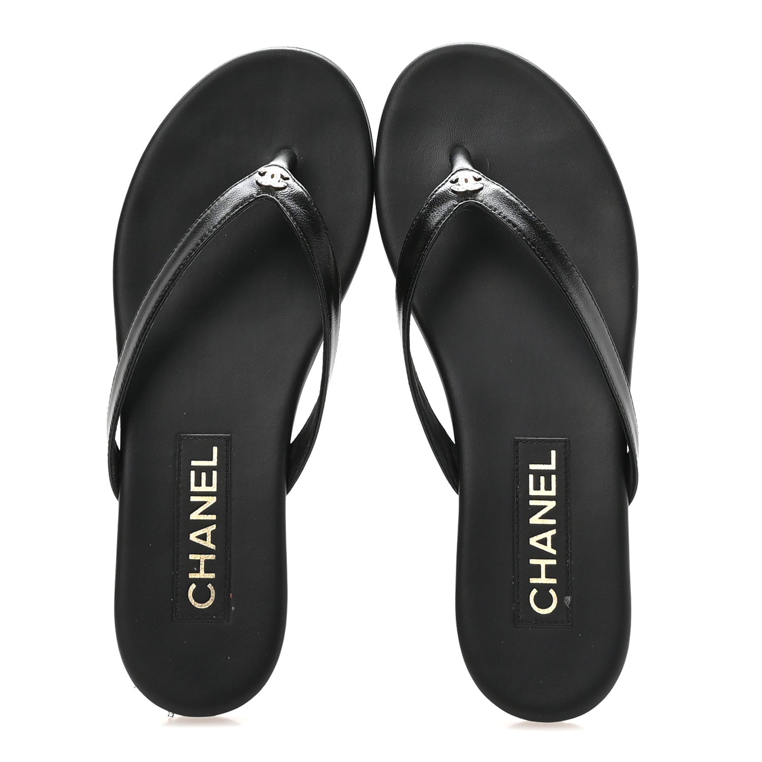 Chanel Shiny Lambskin Crystal CC Thong Sandals 37.5 Black 2 of 9