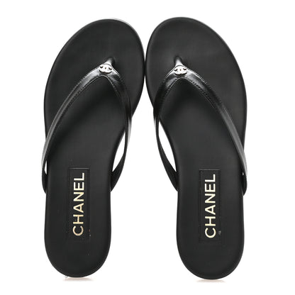 Chanel Shiny Lambskin Crystal CC Thong Sandals 37.5 Black 2 of 9