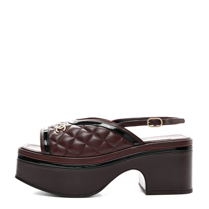Chanel Lambskin Patent Calfskin Quilted CC Platform Slingback Sandals 38 Burgundy Black 1 of 9