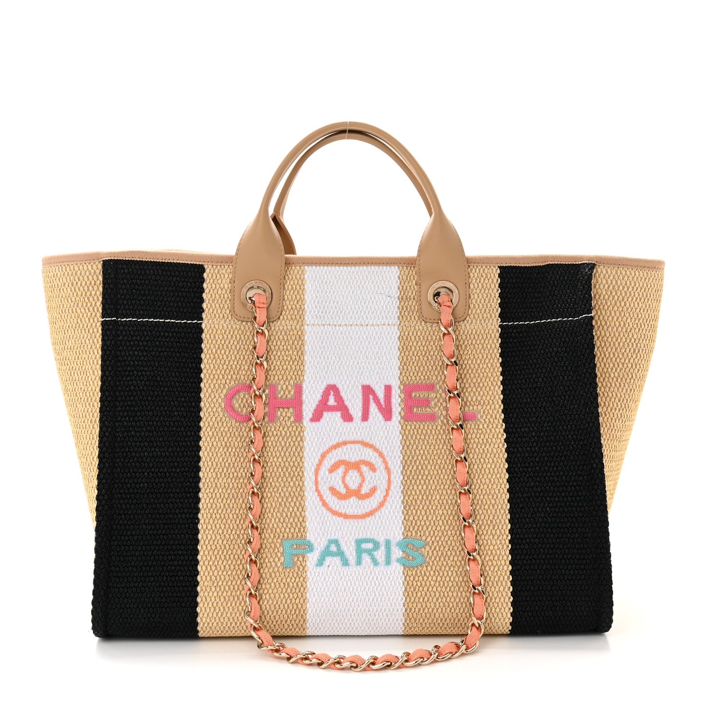 Straw Raffia Calfskin Striped Medium Deauville Tote Black Beige Ivory