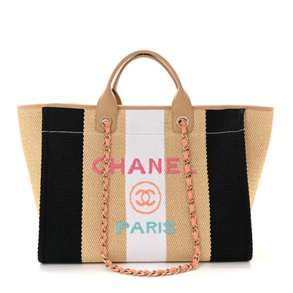 Chanel Straw Raffia Calfskin Striped Medium Deauville Tote Black Beige Ivory 1 of 12