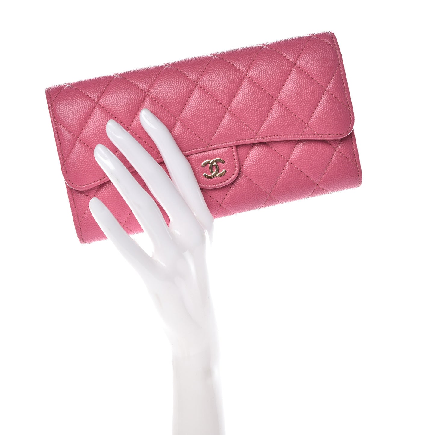 Caviar Quilted Large Gusset Flap Wallet Pink