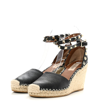 Valentino Garavani Grained Calfskin Rockstud Ankle Wrap Espadrille 15/85mm Wedges 36 Black Light Cuir 3 of 8