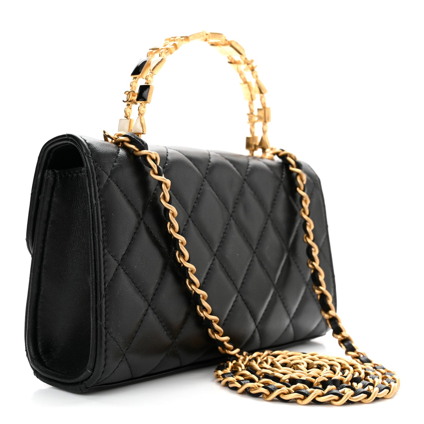 Lambskin Enamel Quilted Top Handle Flap Phone Holder With Chain Black