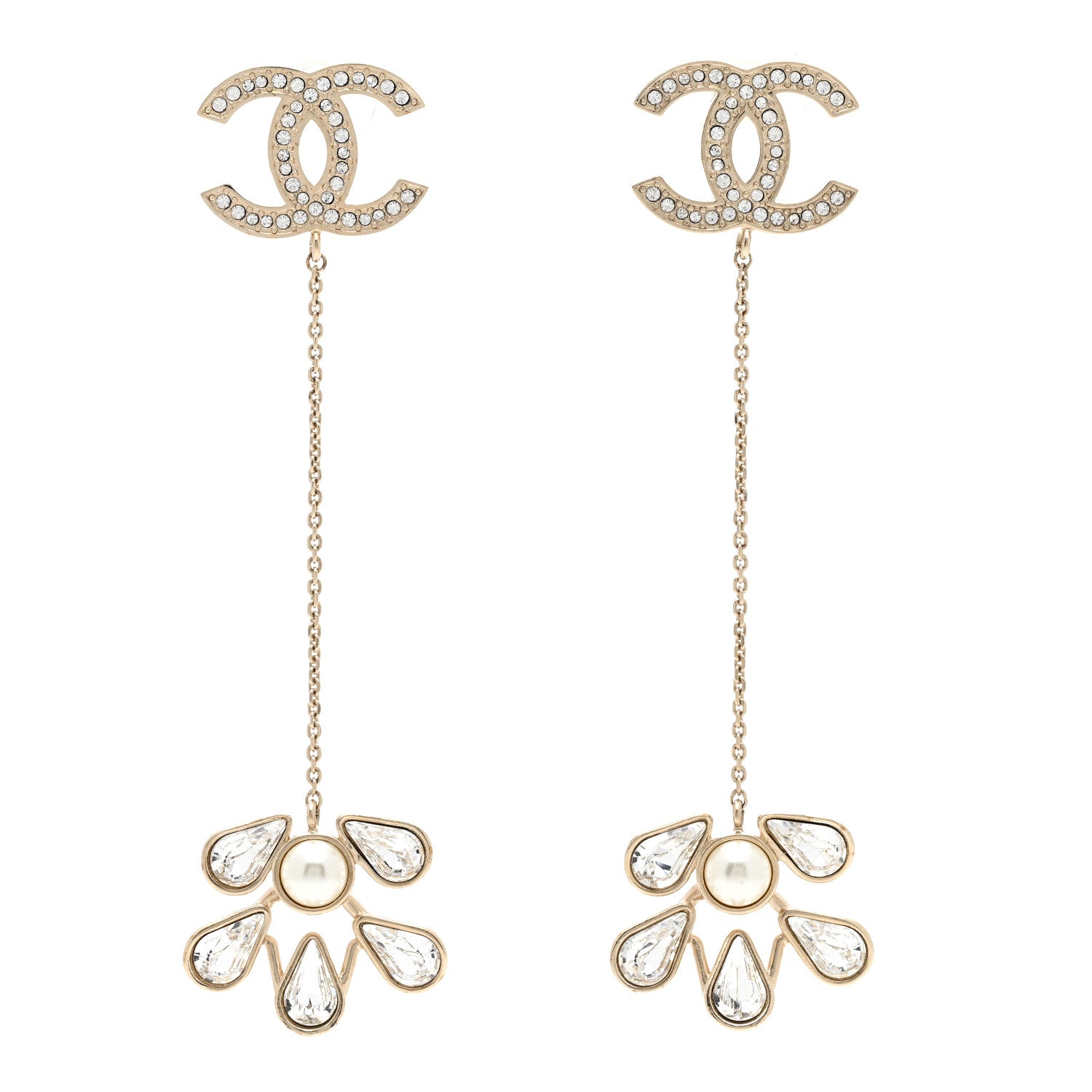 Chanel Pearl Crystal CC Drop Earrings Light Gold 1 of 5