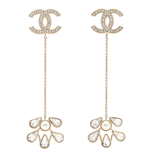 Pearl Crystal CC Drop Earrings Light Gold