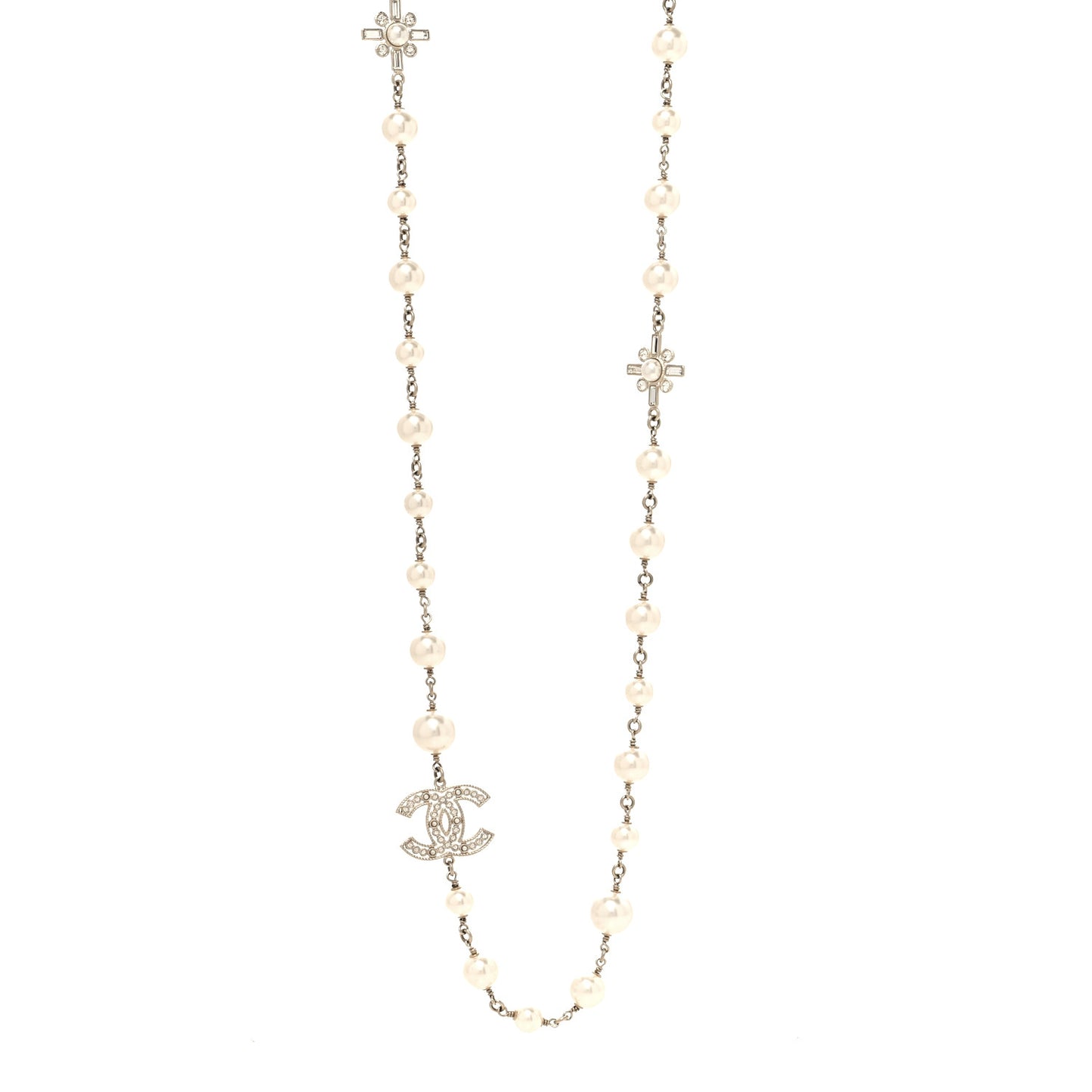 Crystal Baguette Pearl CC Cross Necklace Gold