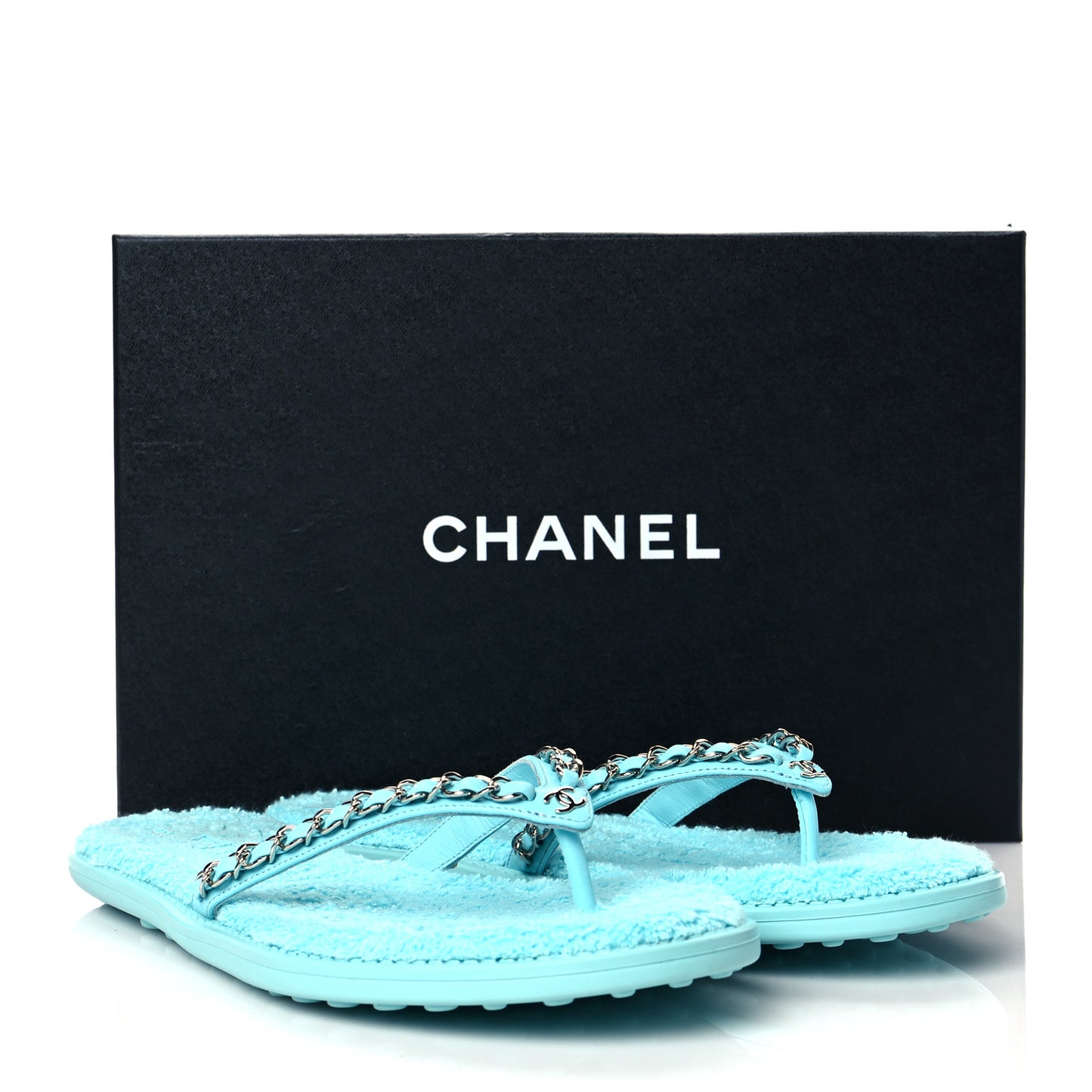 Calfskin CC Chain Thong Sandals 39 Light Blue