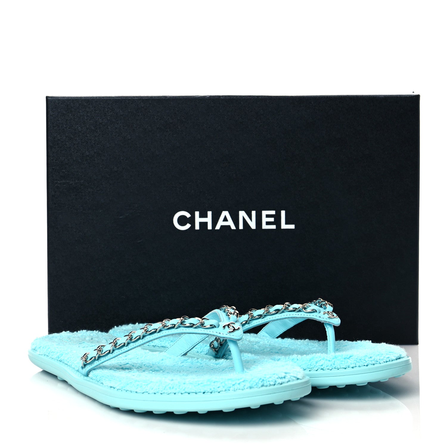 Chanel Calfskin CC Chain Thong Sandals 39 Light Blue 10 of 10