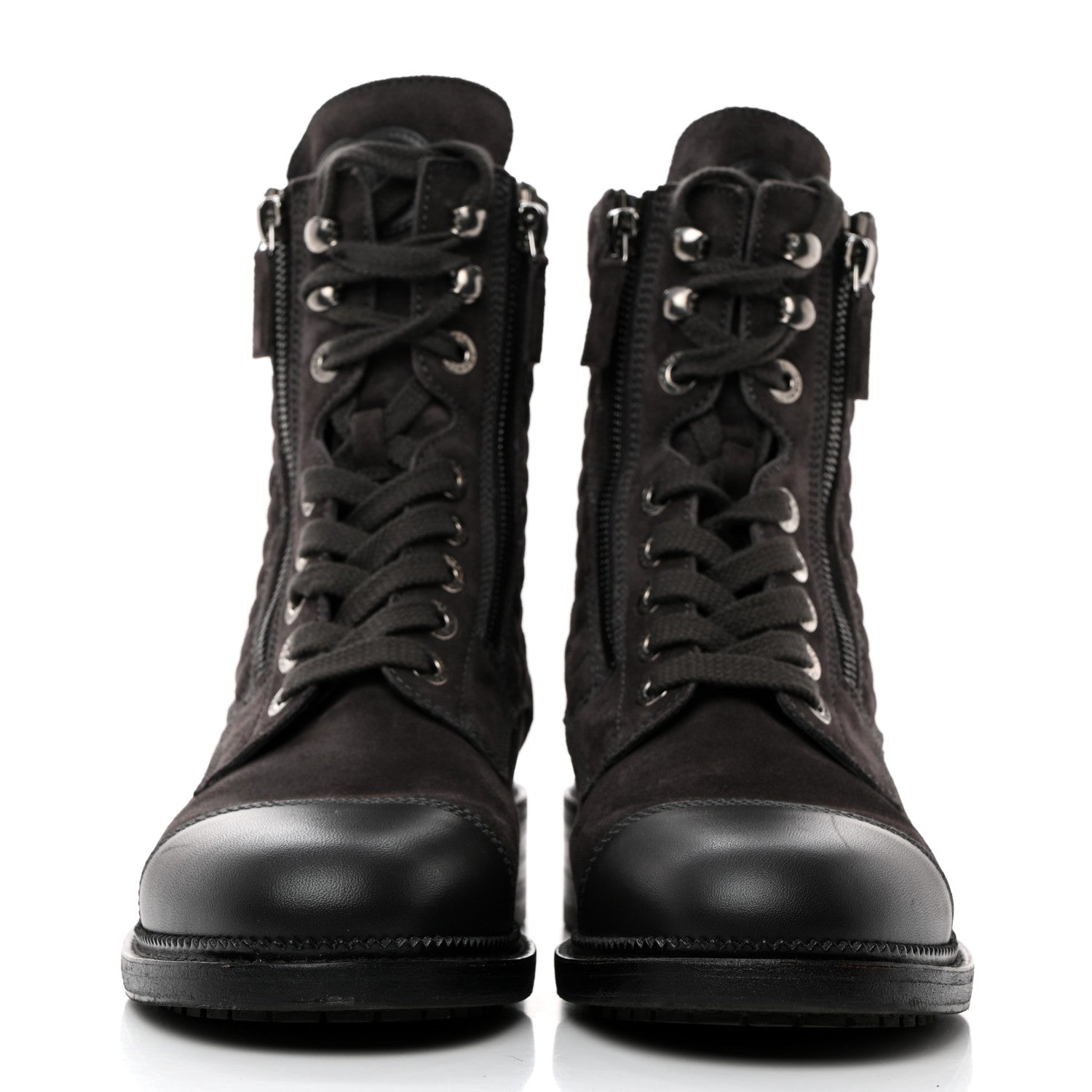 Chanel Suede Calfskin Quilted Lace Up Boots 39 Grey 2 of 8