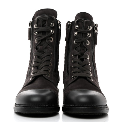 Chanel Suede Calfskin Quilted Lace Up Boots 39 Grey 2 of 8