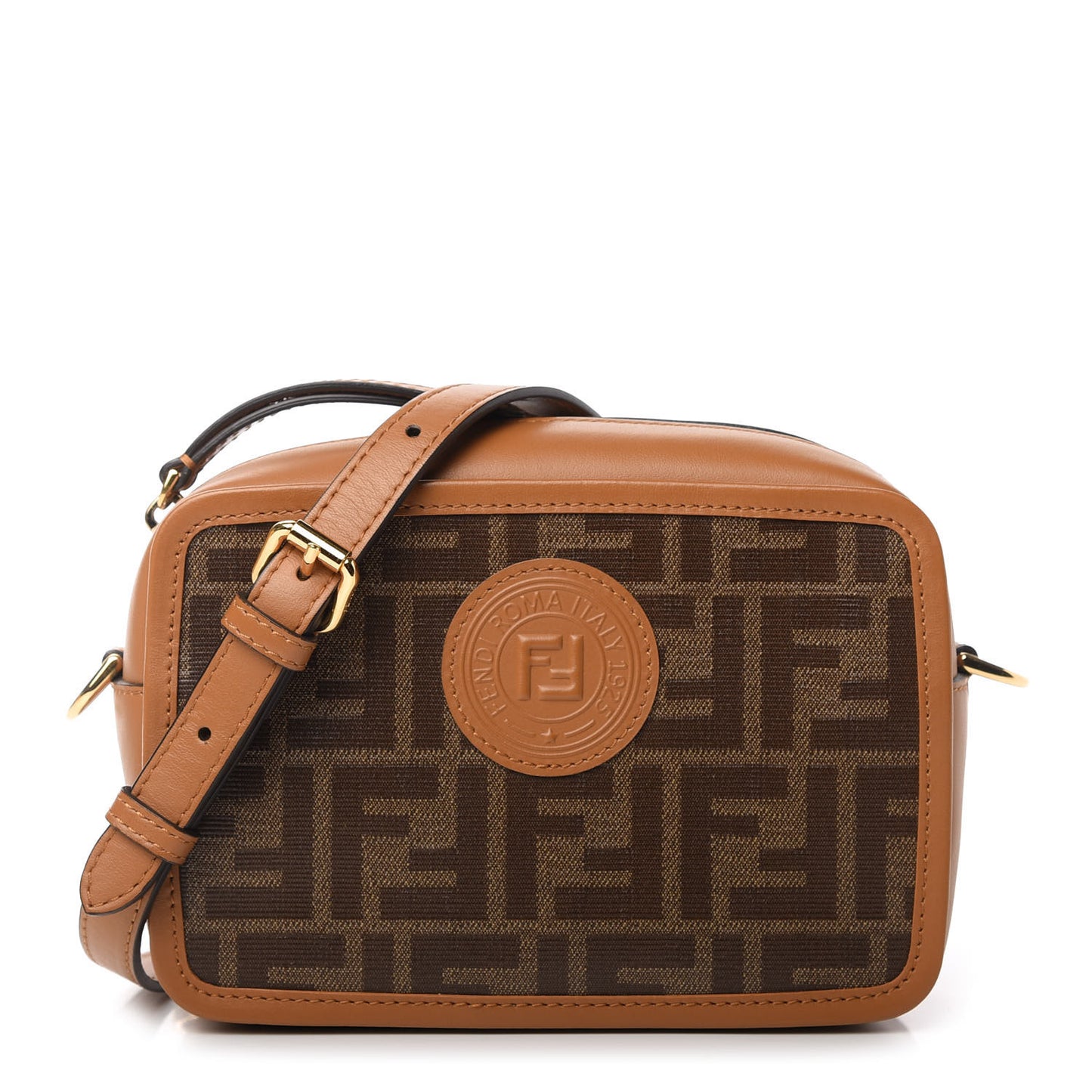 Glazed Fabric Vitello Century FF 1974 Stamp Patch Mini Camera Case Mogano Panna Caramello