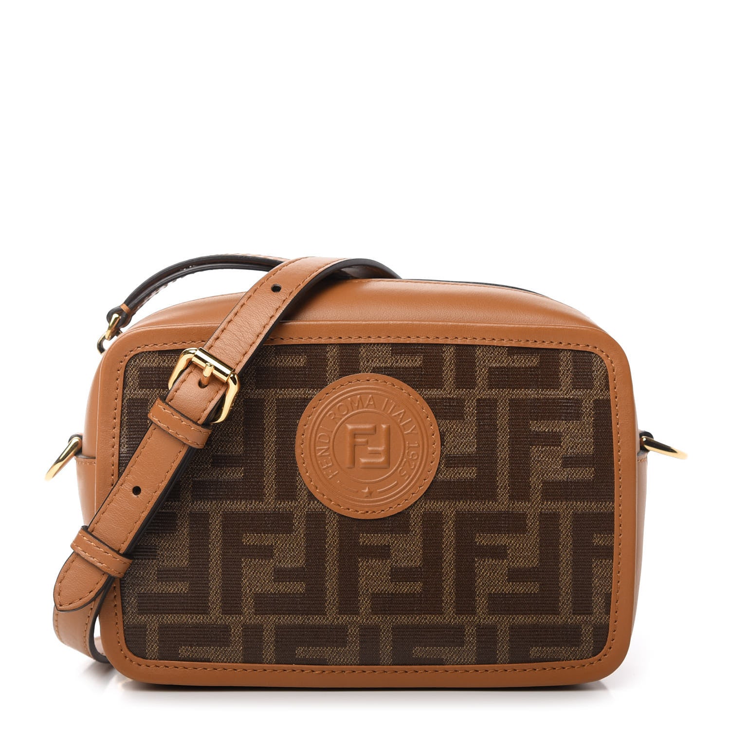 Fendi Glazed Fabric Vitello Century FF 1974 Stamp Patch Mini Camera Case Mogano Panna Caramello 1 of 11