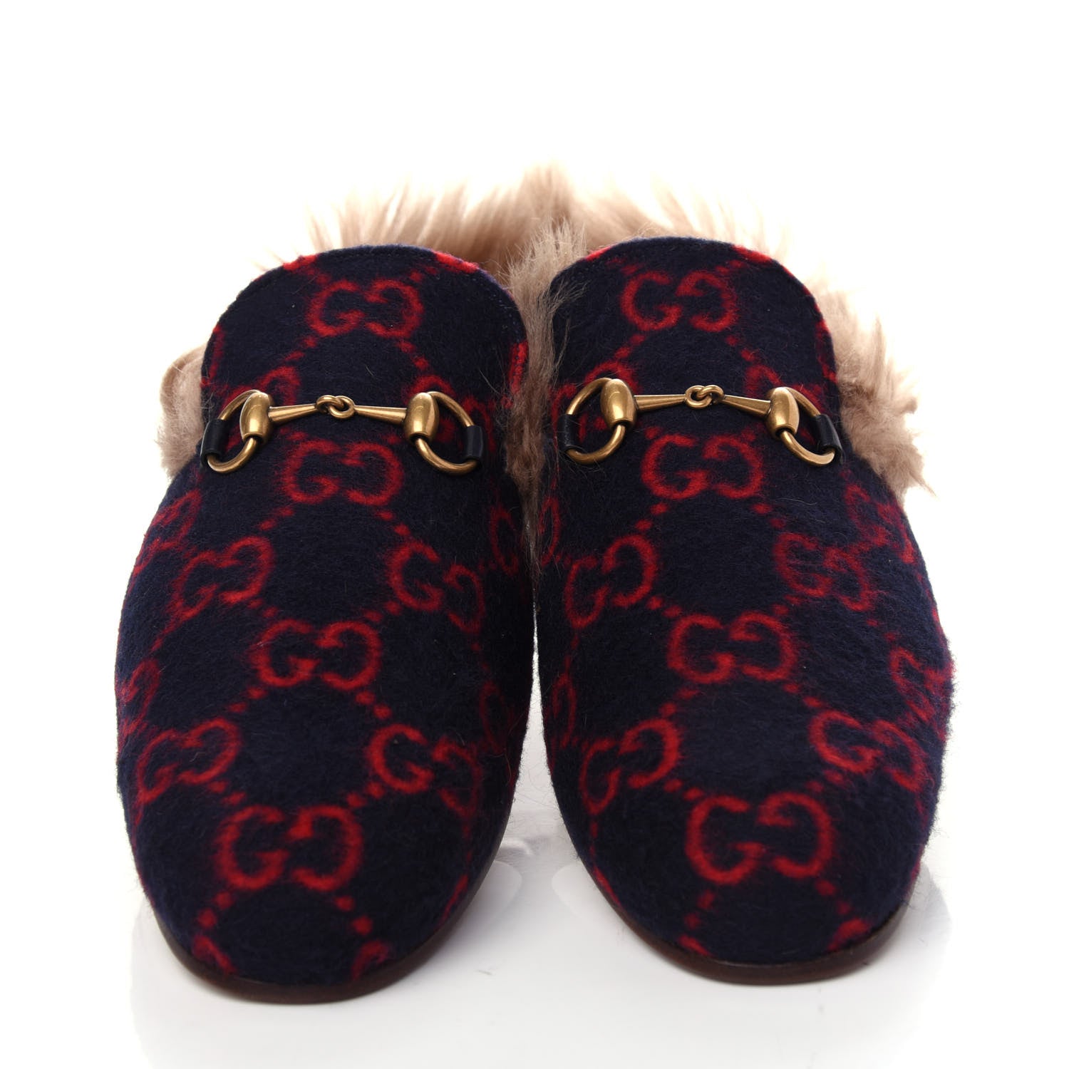 Gucci Covered Wool Big GG Monogram Fur Mens Princetown Slippers 9 Blue Red Butterscotch 5 of 10