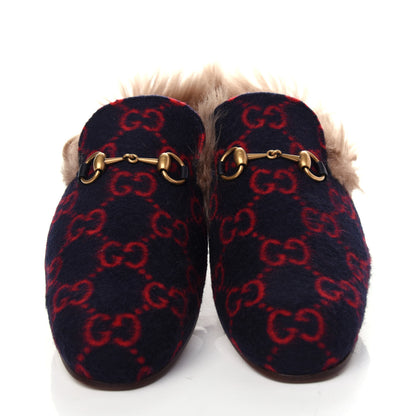Gucci Covered Wool Big GG Monogram Fur Mens Princetown Slippers 9 Blue Red Butterscotch 5 of 10