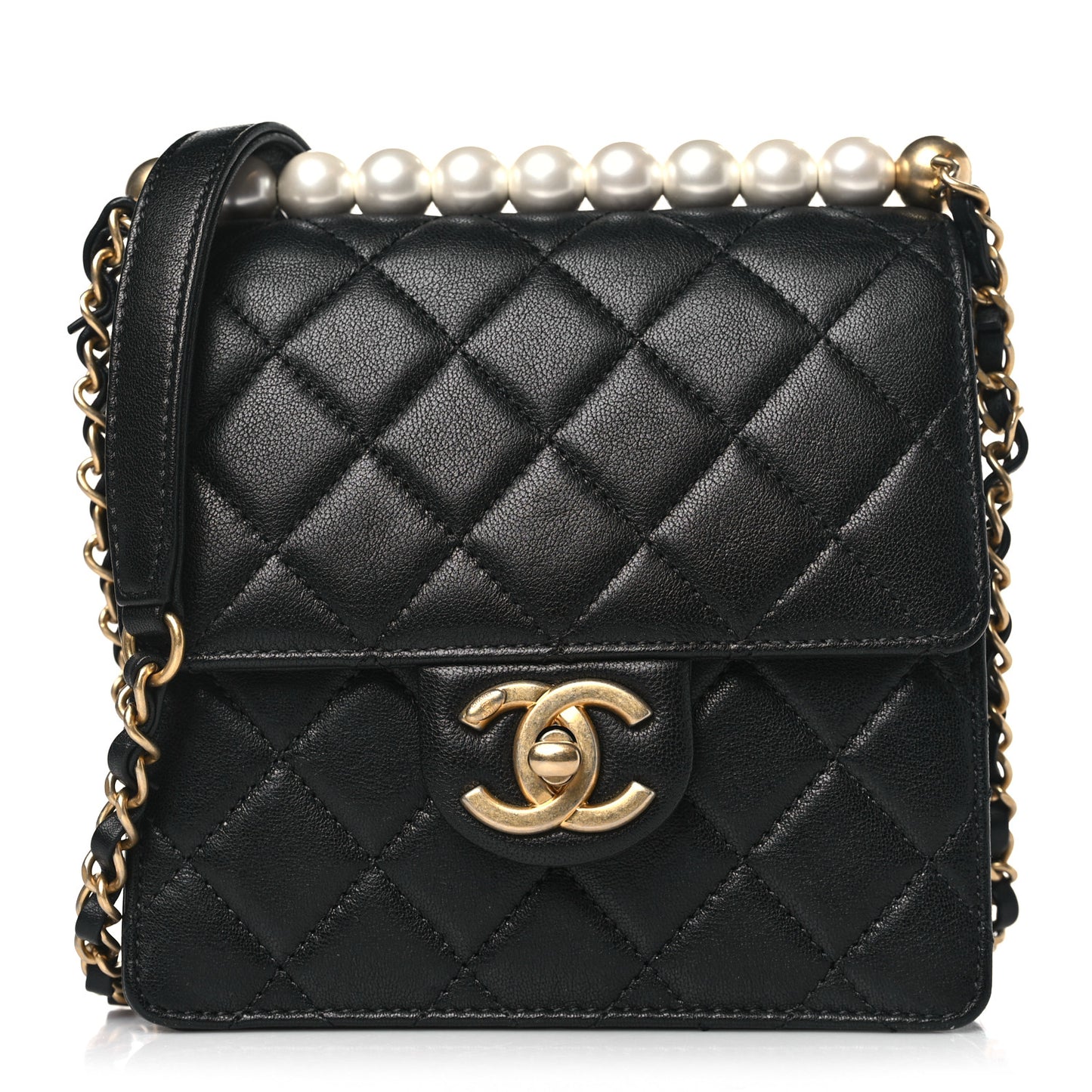 Lambskin Quilted Chic Pearls Flap Black