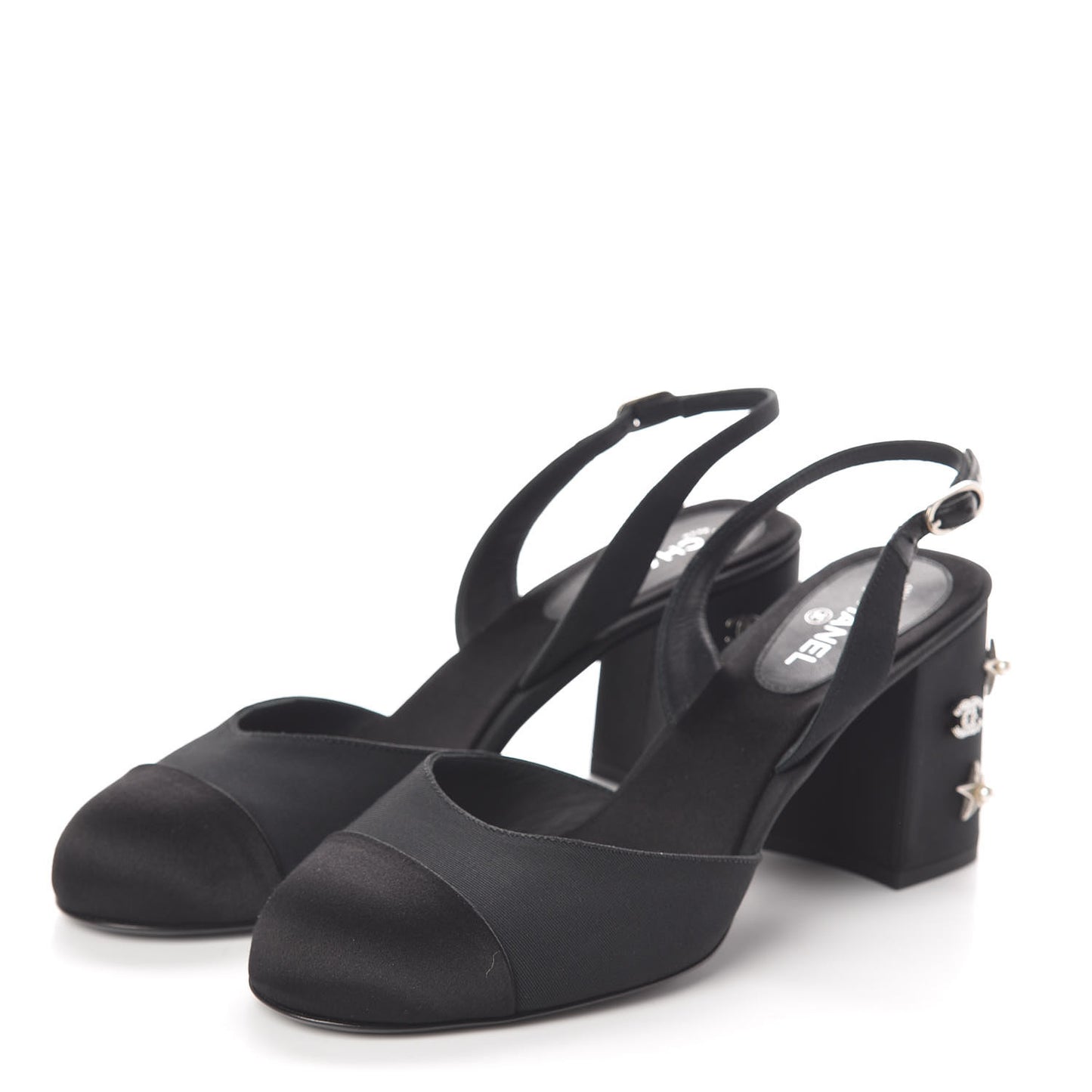 Grosgrain Satin Cap Toe Peal Star CC Slingback Pumps 38 Black