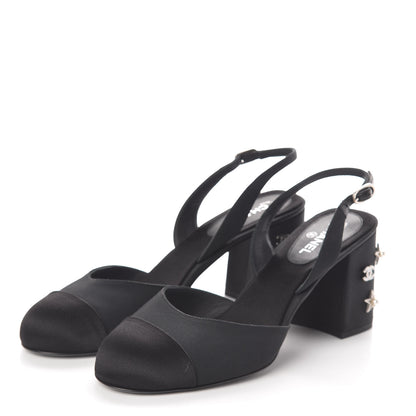 Chanel Grosgrain Satin Cap Toe Peal Star CC Slingback Pumps 38 Black 3 of 7