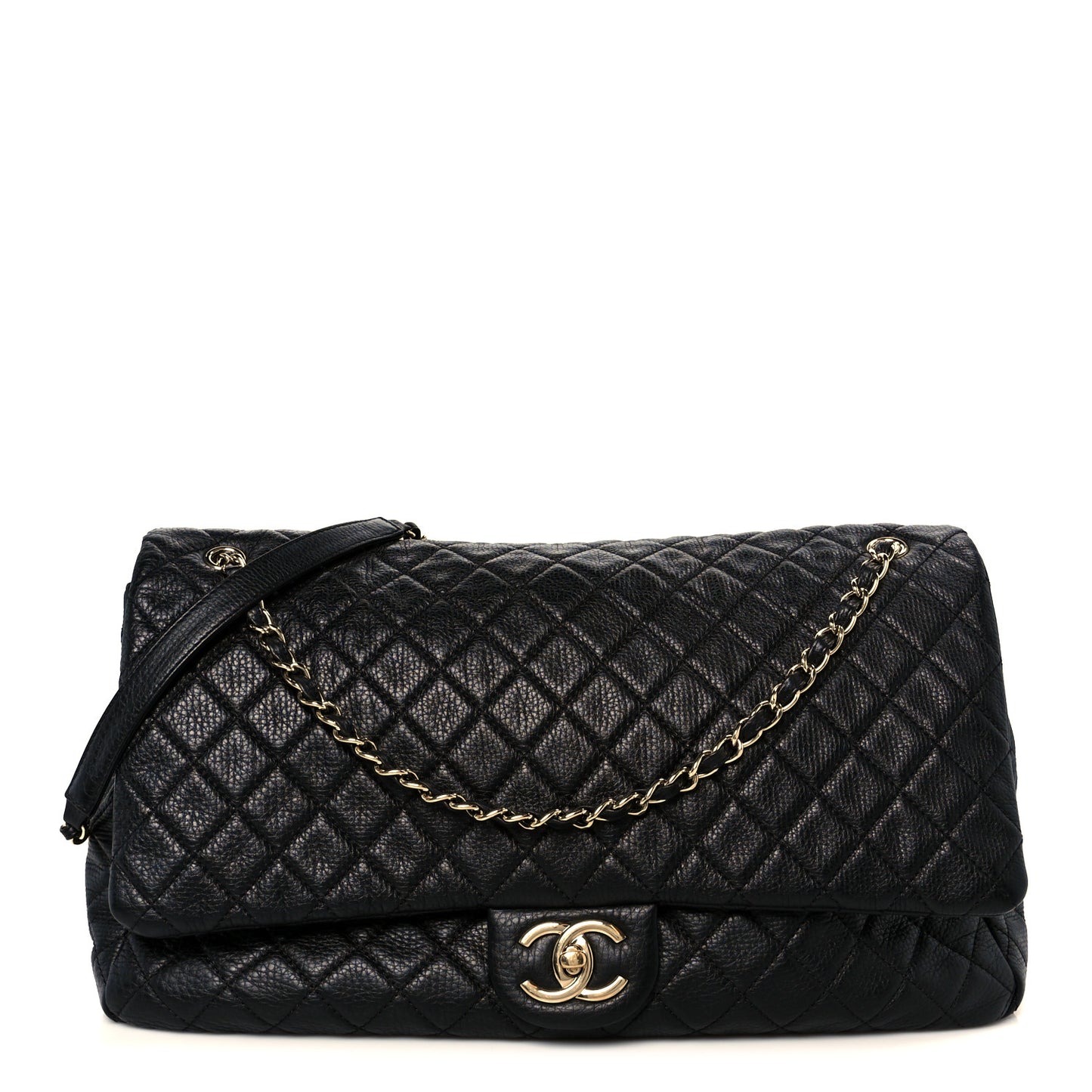 Calfskin Quilted XXL Travel Flap Bag Black