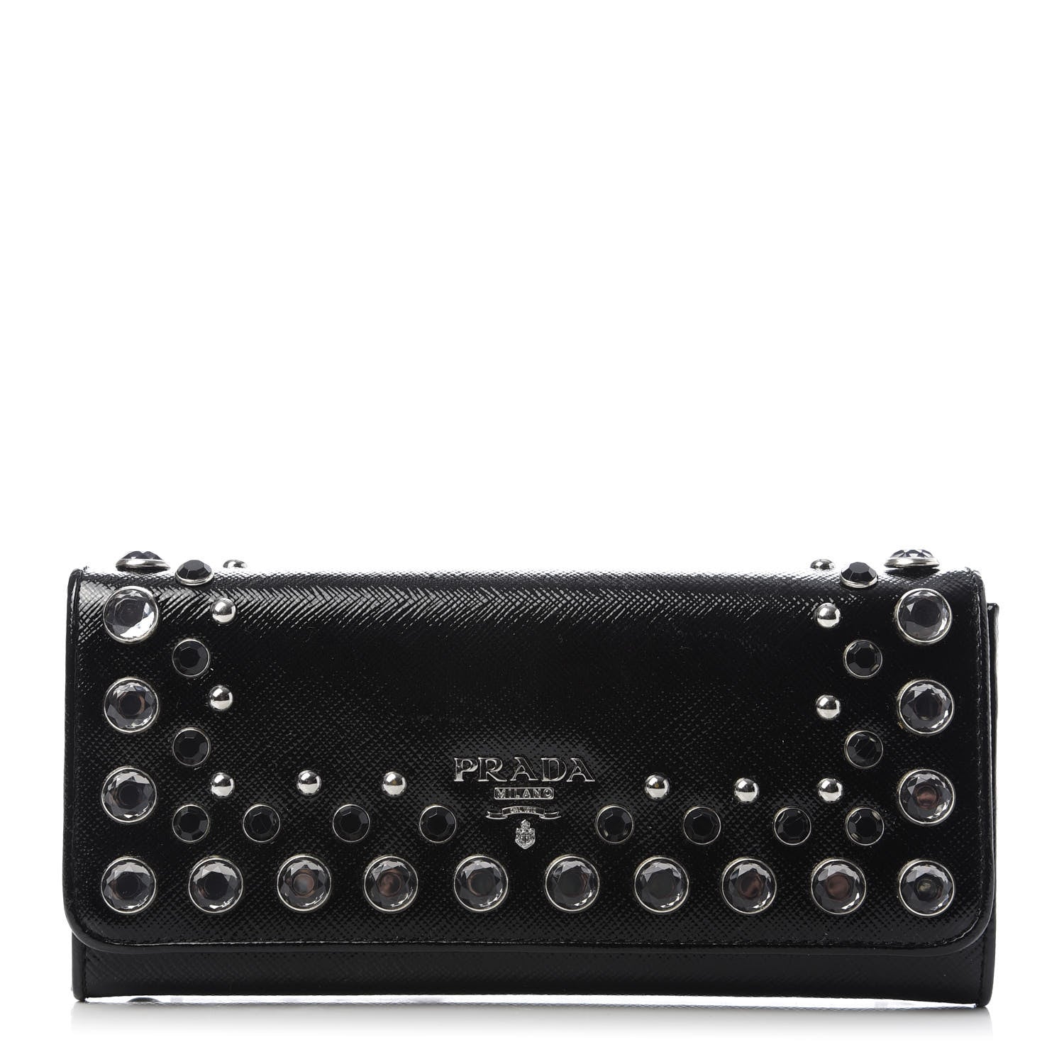 Prada Saffiano Vernice Crystal Studded Flap Wallet Black 1 of 8