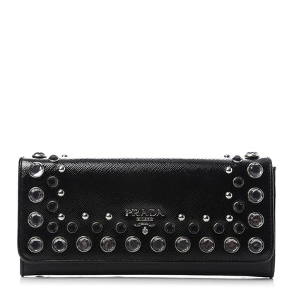 Prada Saffiano Vernice Crystal Studded Flap Wallet Black 1 of 8