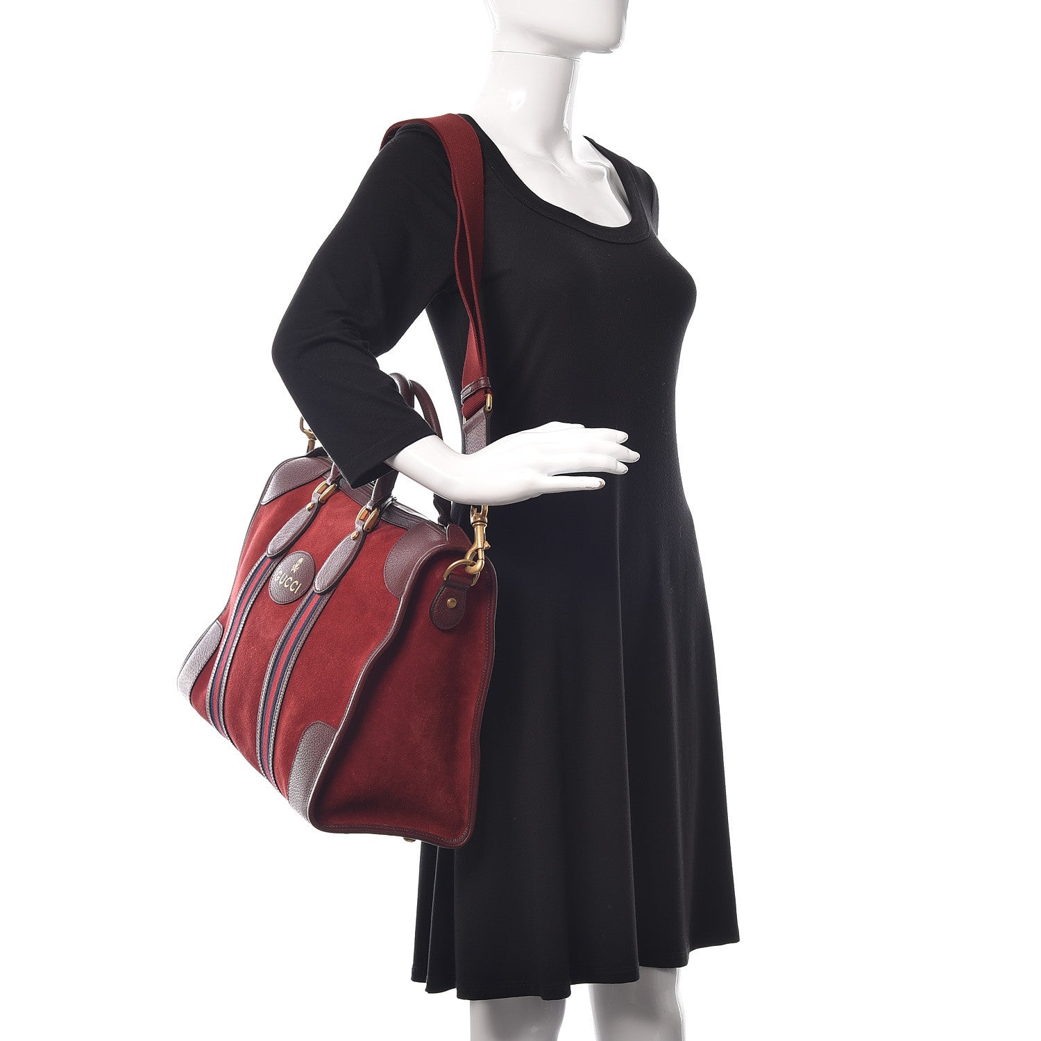 Gucci Suede Daino Textured Dollar Calfskin Web Medium Duffle Bag Romantic Cerise Chardonnay 2 of 12