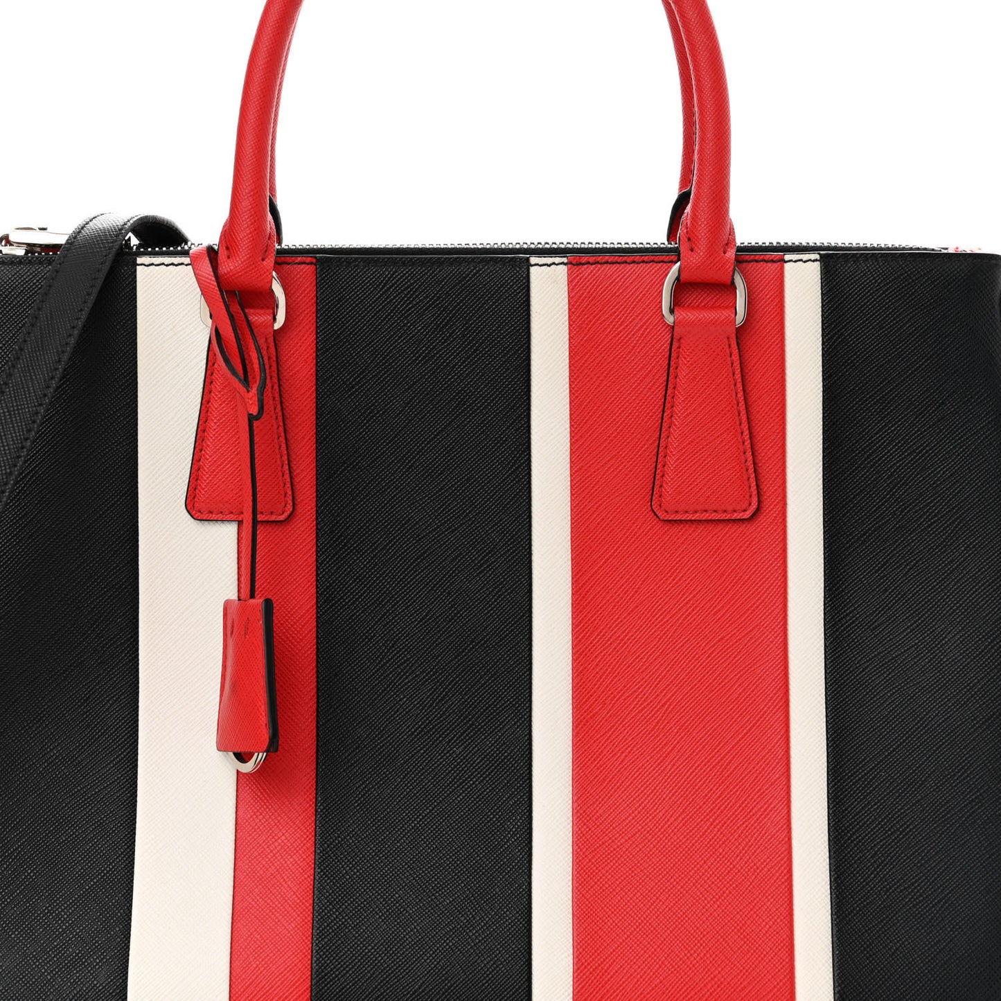 Saffiano Baiadera Striped Medium Galleria Double Zip Tote Black Fuoco White