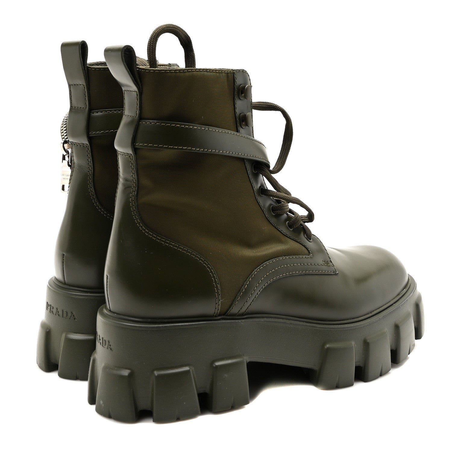 Prada Spazzolato Rois Re-Nylon Metal Triangle Logo Monolith Pouch Pocket 55mm Boots 41 Militare 5 of 8