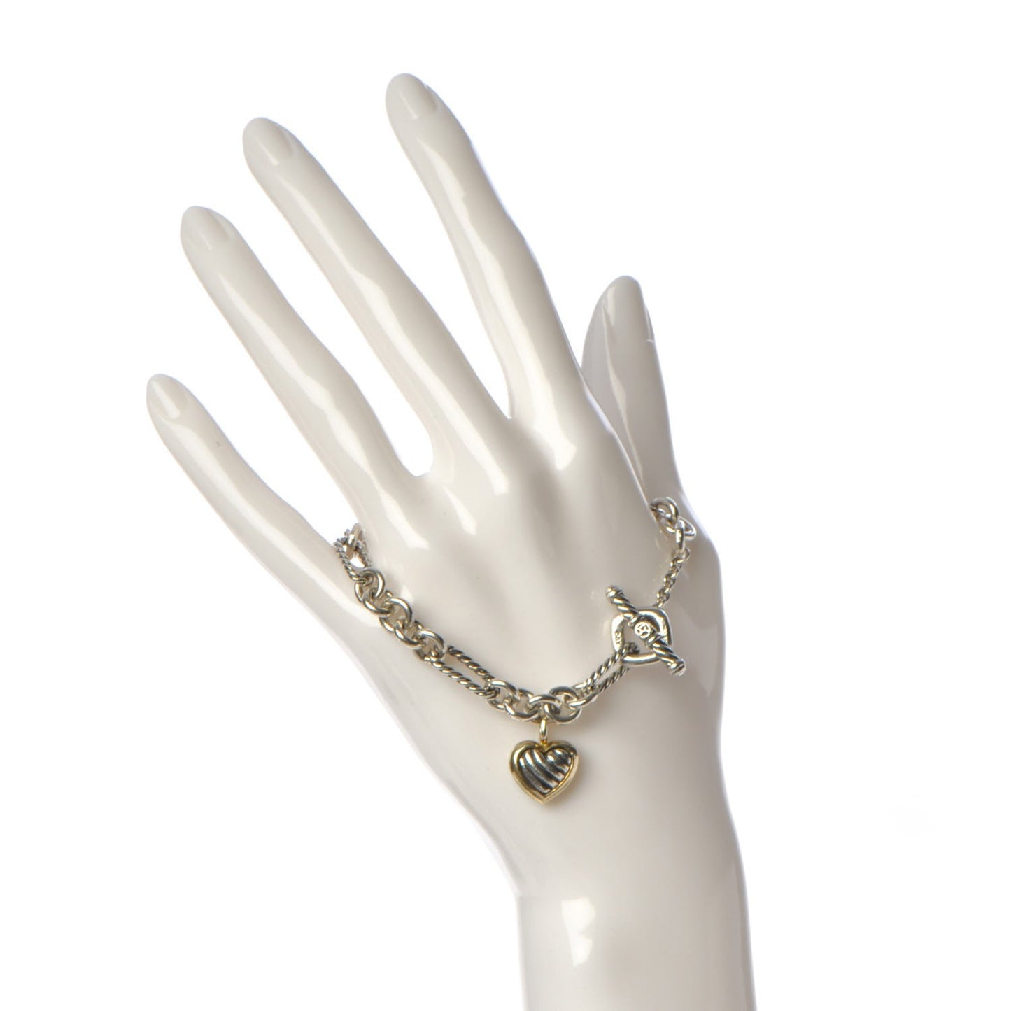 Sterling Silver 18K Yellow Gold Cable Heart Charm Bracelet