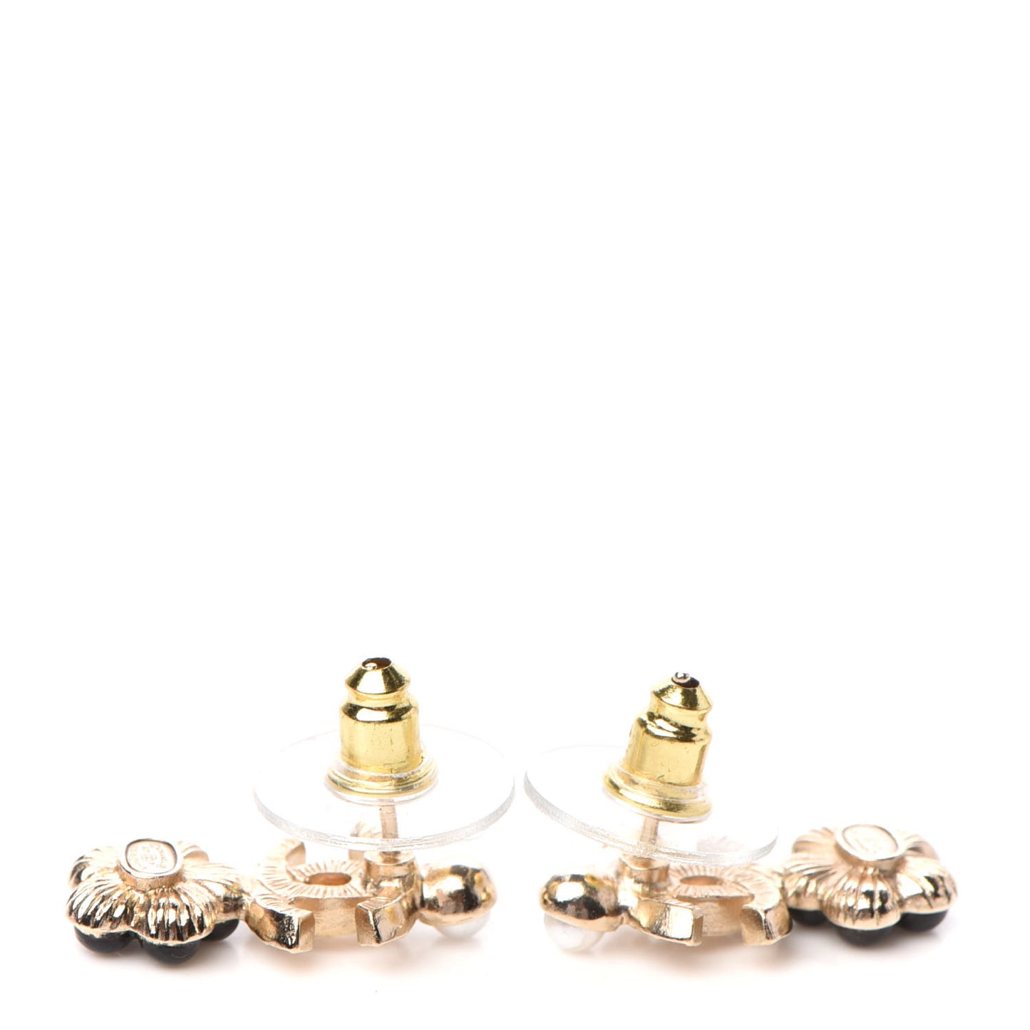 Crystal Pearl CC Flower Earrings Black Gold