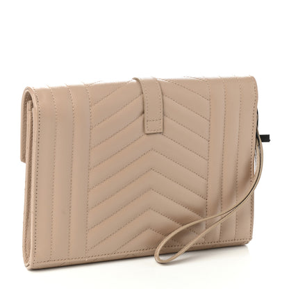 Saint Laurent Grain De Poudre Textured Mixed Matelasse Triquilt Monogram Clutch Dark Beige 3 of 8
