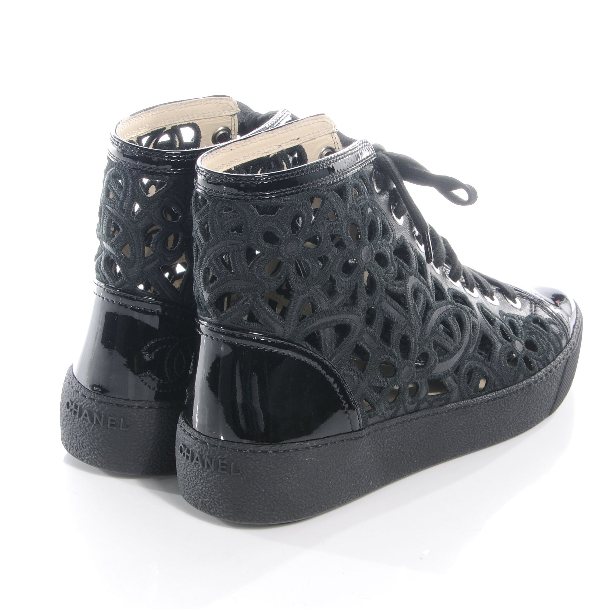 Chanel Patent Grained Goatskin Hollow Out Flower Sneakers 36.5 Black 4 of 9