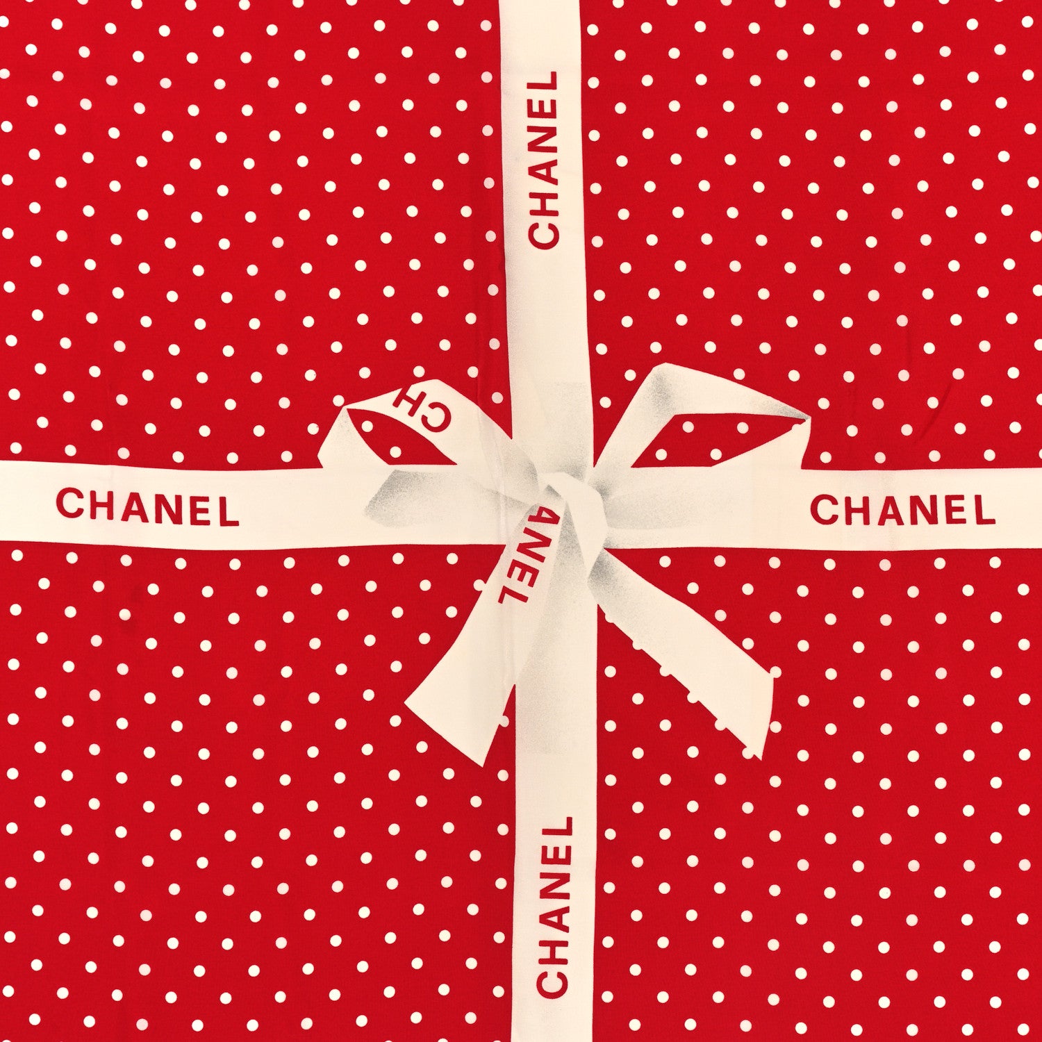 Chanel Silk Logo Ribbon Square Scarf Red White 2 of 3