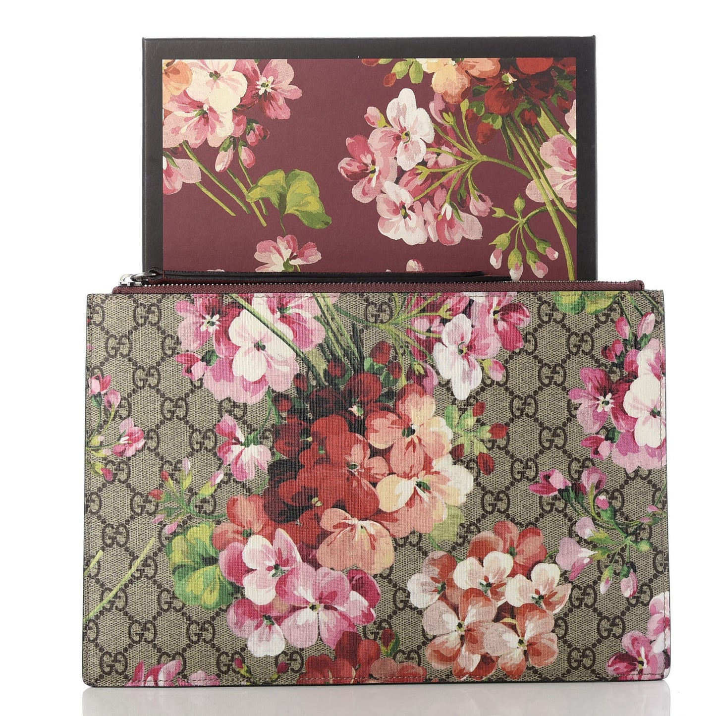 GG Supreme Monogram Blooms Suede Large Zip Pouch Beige Multicolor Dry Rose