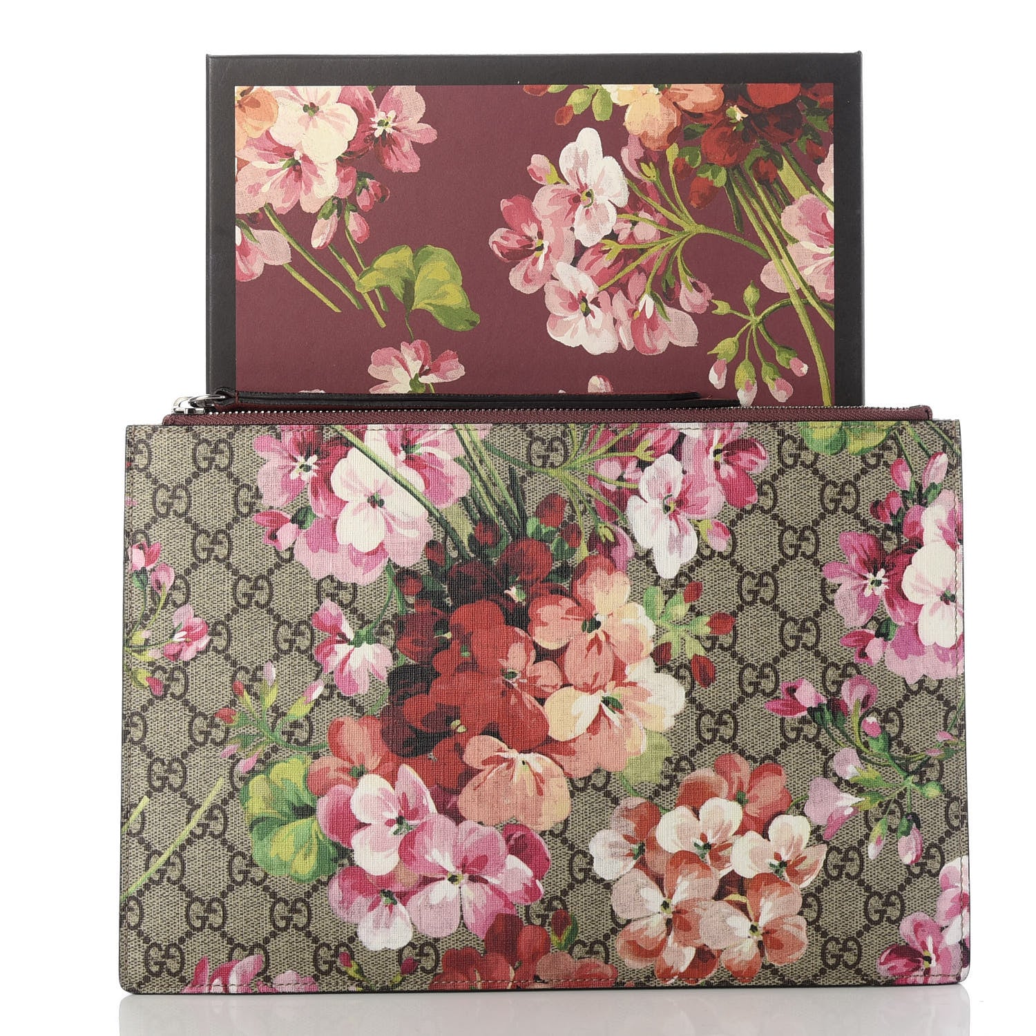 Gucci GG Supreme Monogram Blooms Suede Large Zip Pouch Beige Multicolor Dry Rose 7 of 7