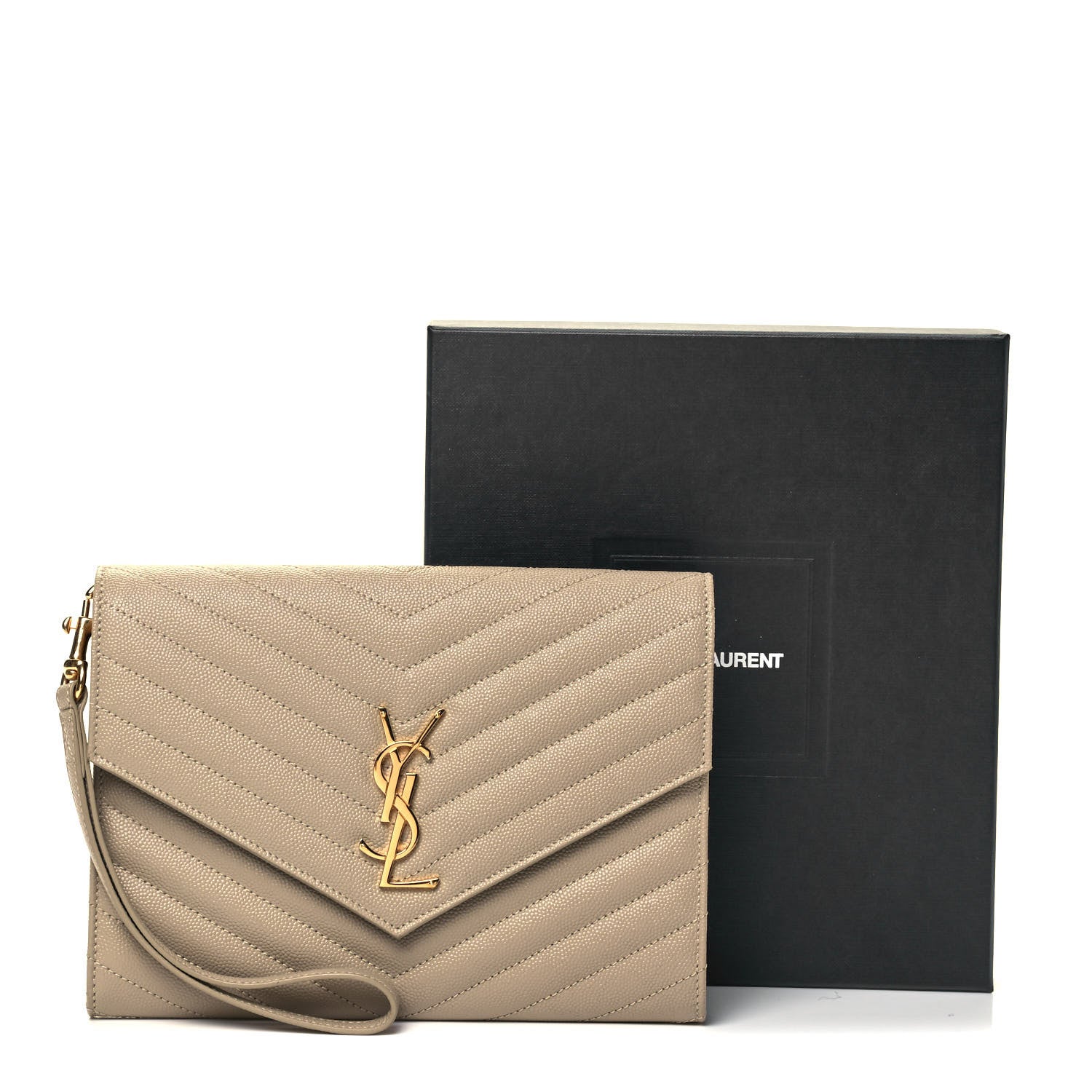 Saint Laurent Grain De Poudre Matelasse Chevron Monogram Envelope Clutch Dark Beige 7 of 8