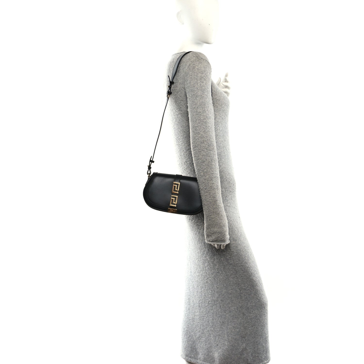 Versace Calfskin Medium Greca Goddess Shoulder Bag Black 2 of 9