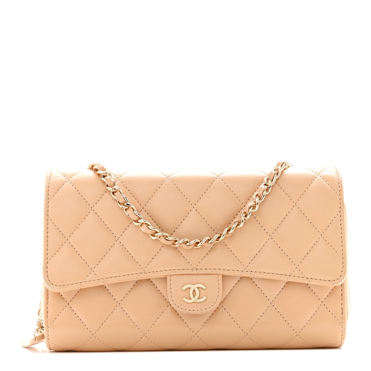 Lambskin Quilted Phone Holder Wallet on Removable Chain Beige