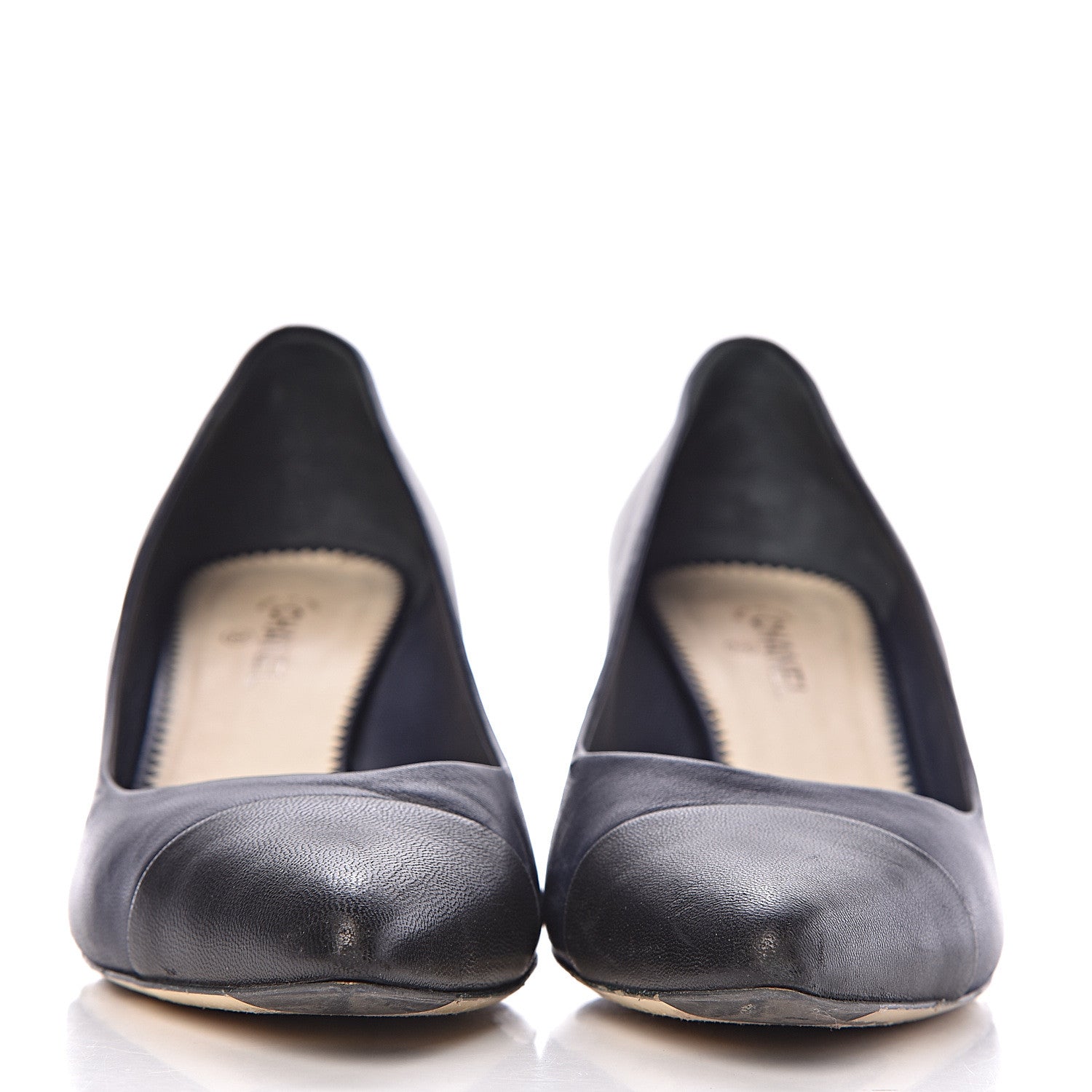Chanel Lambskin Cap Toe Pearl Pumps 39 Navy Blue Black 2 of 12