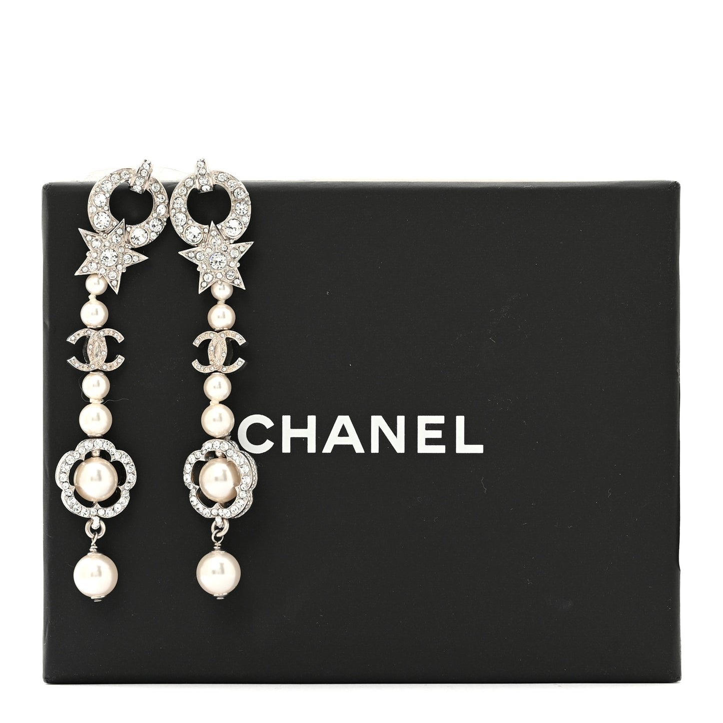 Strass Crystal Pearl CC Star Camellia Drop Earrings Silver