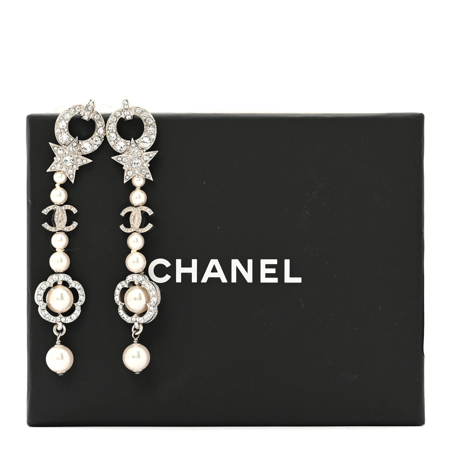 Chanel Strass Crystal Pearl CC Star Camellia Drop Earrings Silver 6 of 6