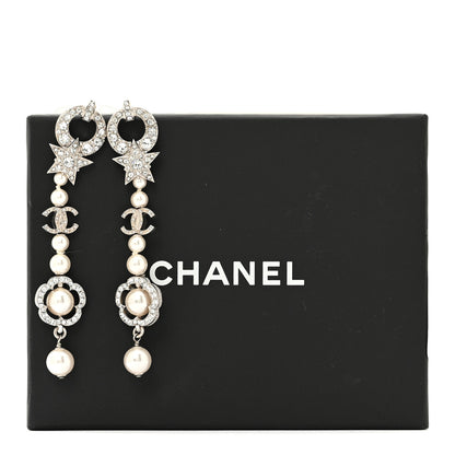 Chanel Strass Crystal Pearl CC Star Camellia Drop Earrings Silver 6 of 6