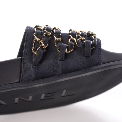 Chanel Satin Canvas Chain Flat Sandals 37 Marine 8 of 12
