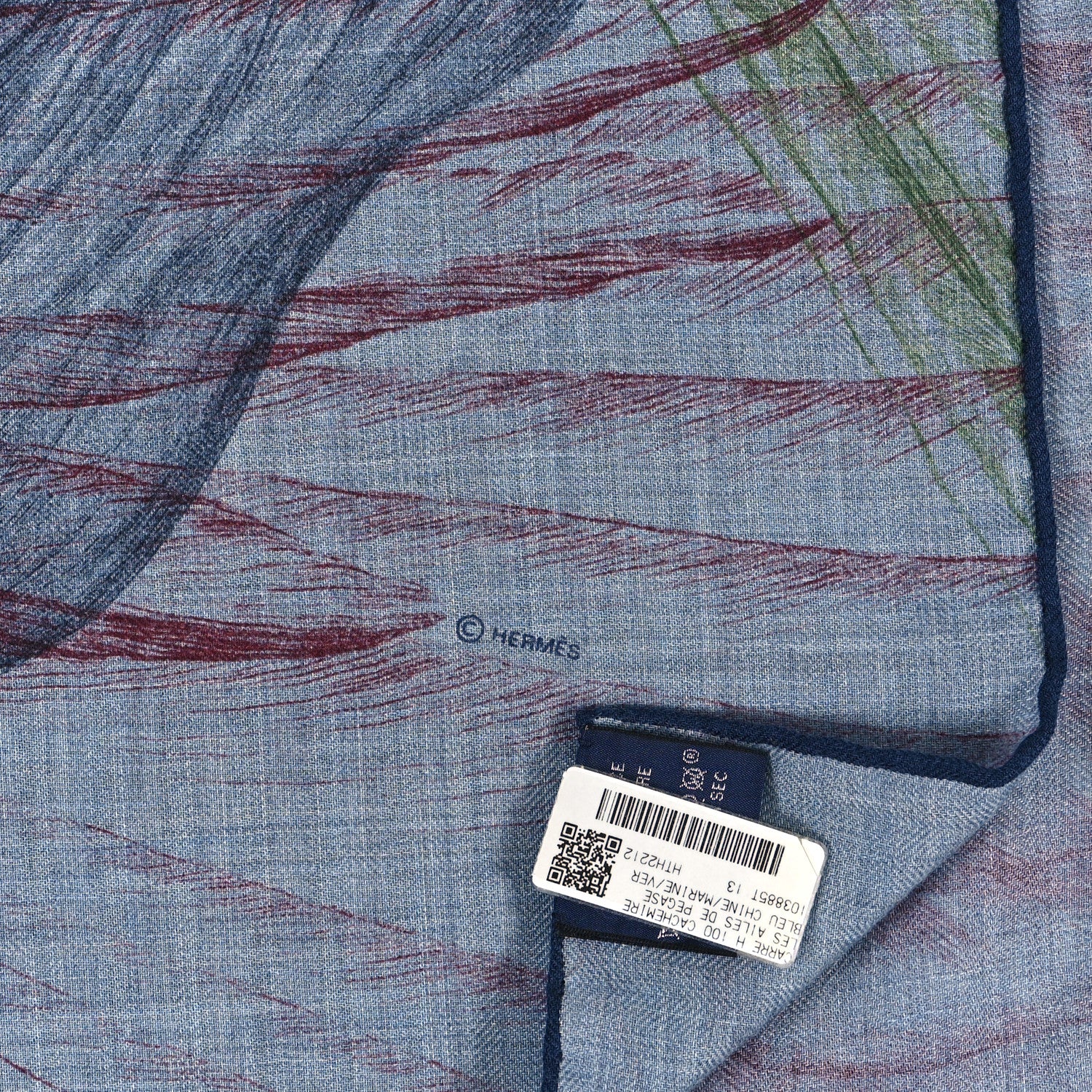 Hermes Cashmere Silk Les Ailes De Pegase Scarf 100 Bleu Chine Marine Vert 3 of 3